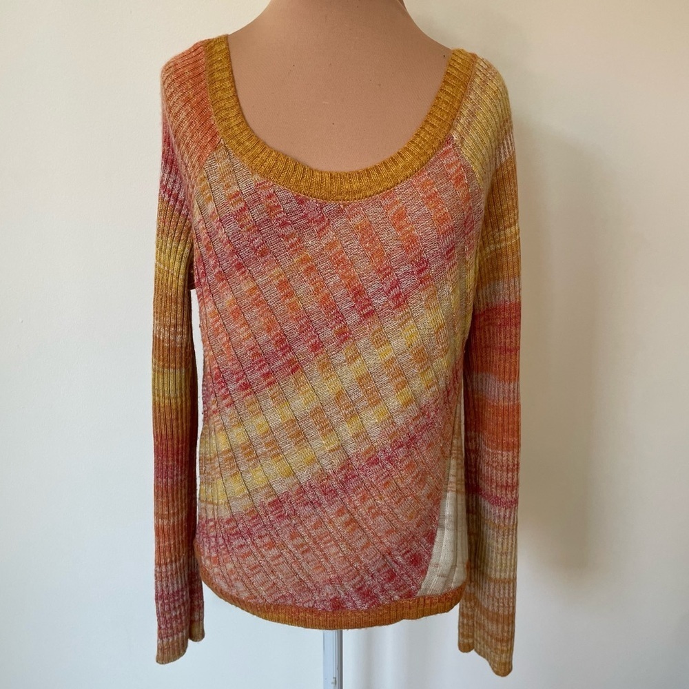 Free People Orange Ombré Wool Blend Asymmetrical Ribbed Scoop Neck Sweater Sz M